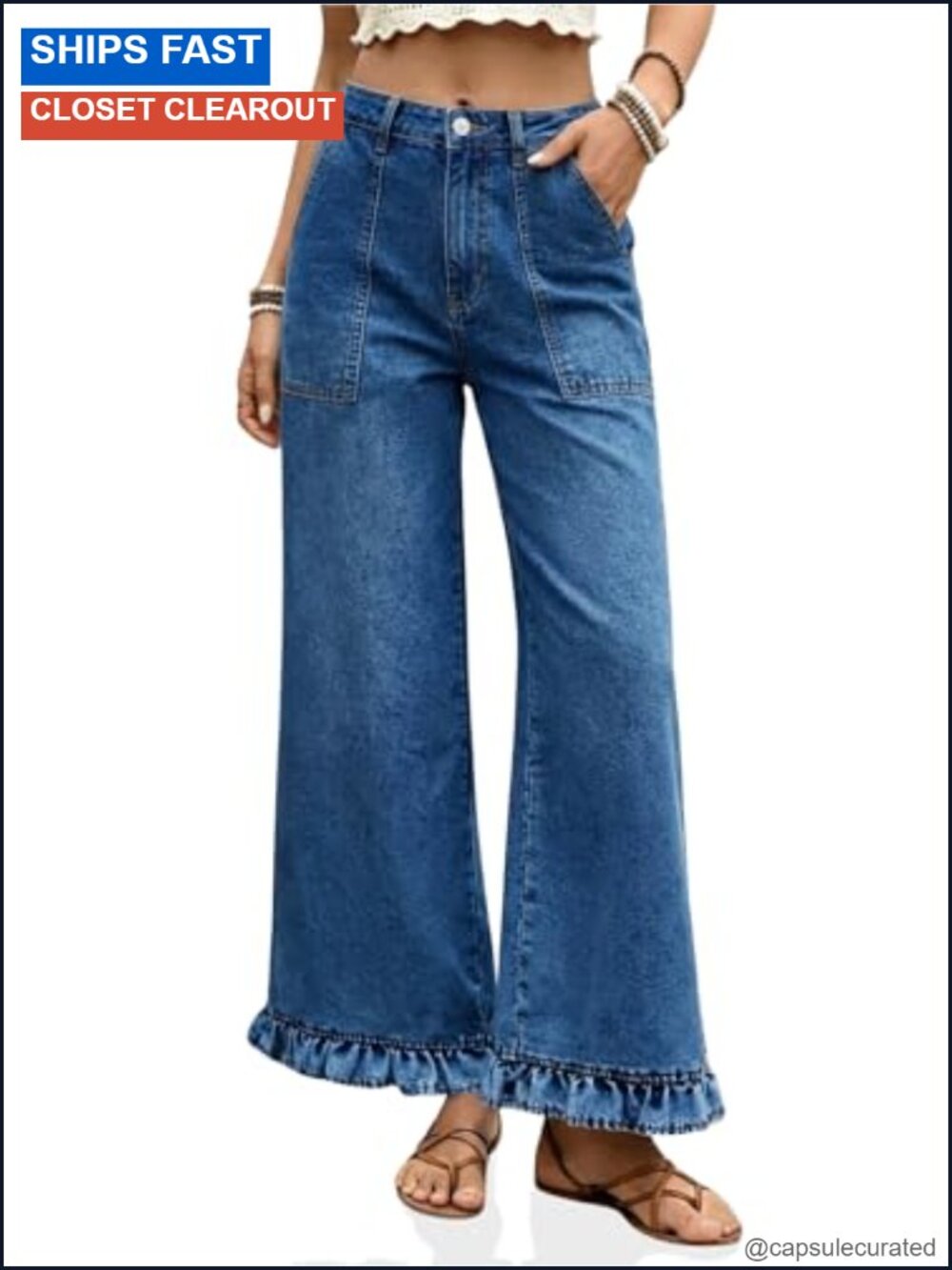 Womens Ruffle Hem Cropped Jeans High Waisted Baggy Wide Leg Denim Pants